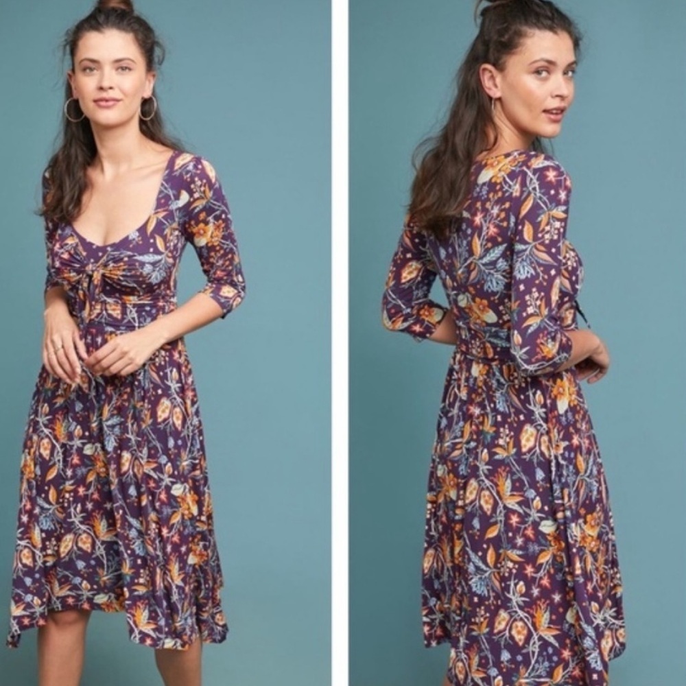 Anthropologie Purple Floral Tie-Front Midi Dress with Yellow Accents - Picture 2 of 10